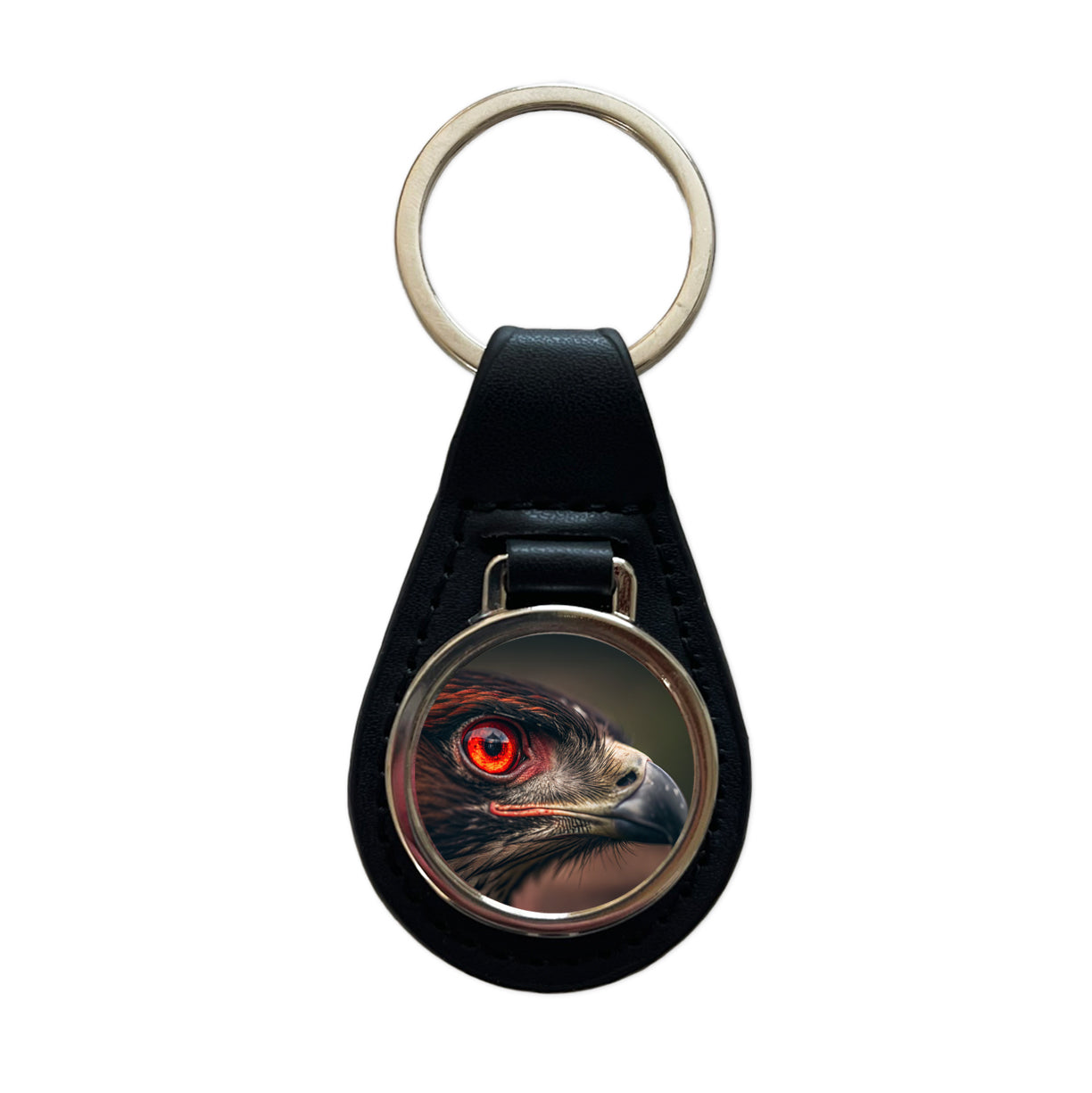 Red Eyes Hawk Bird Black Leather Metal Keychain