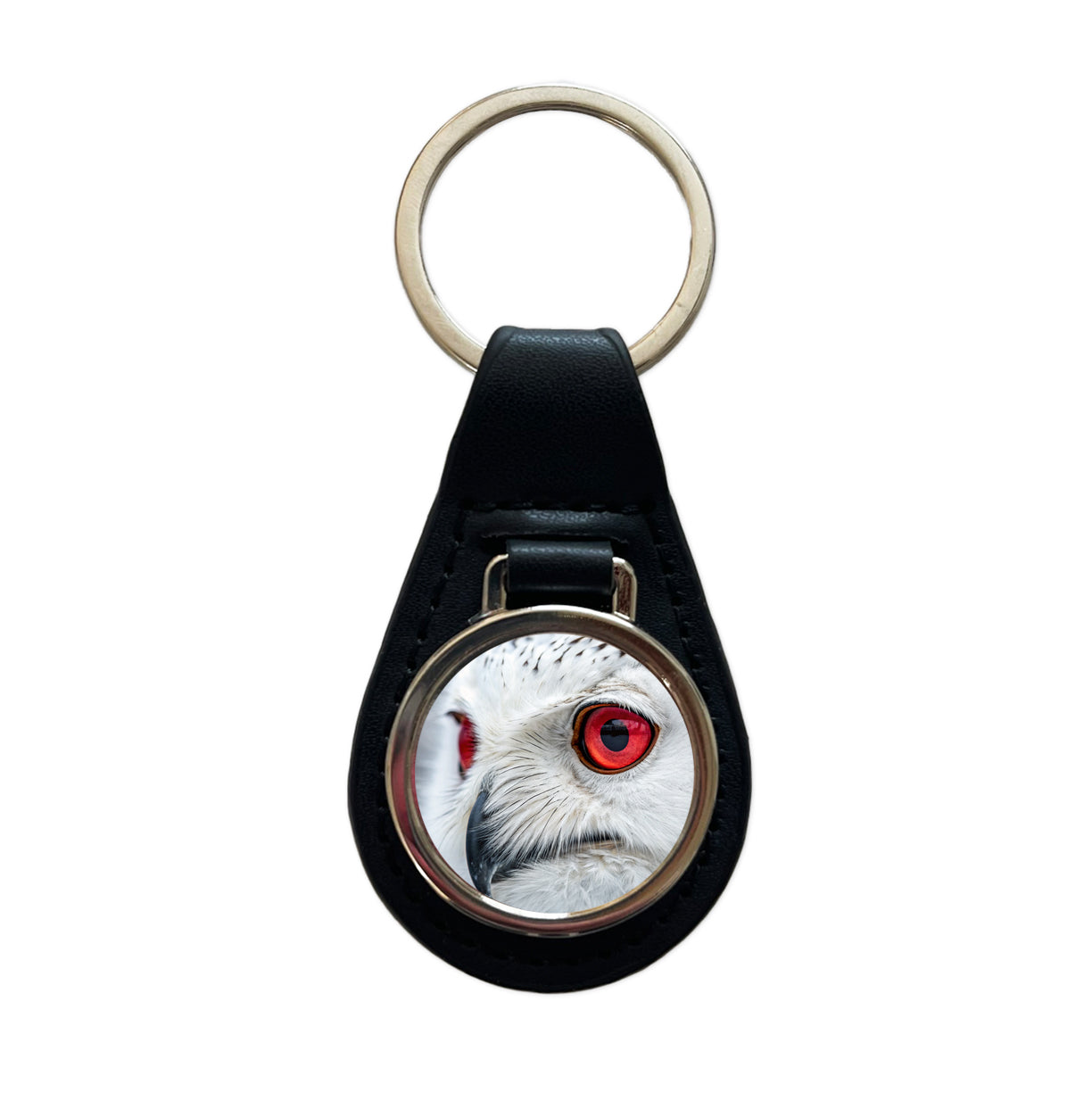 Red Eyes Owl Bird Black Leather Metal Keychain