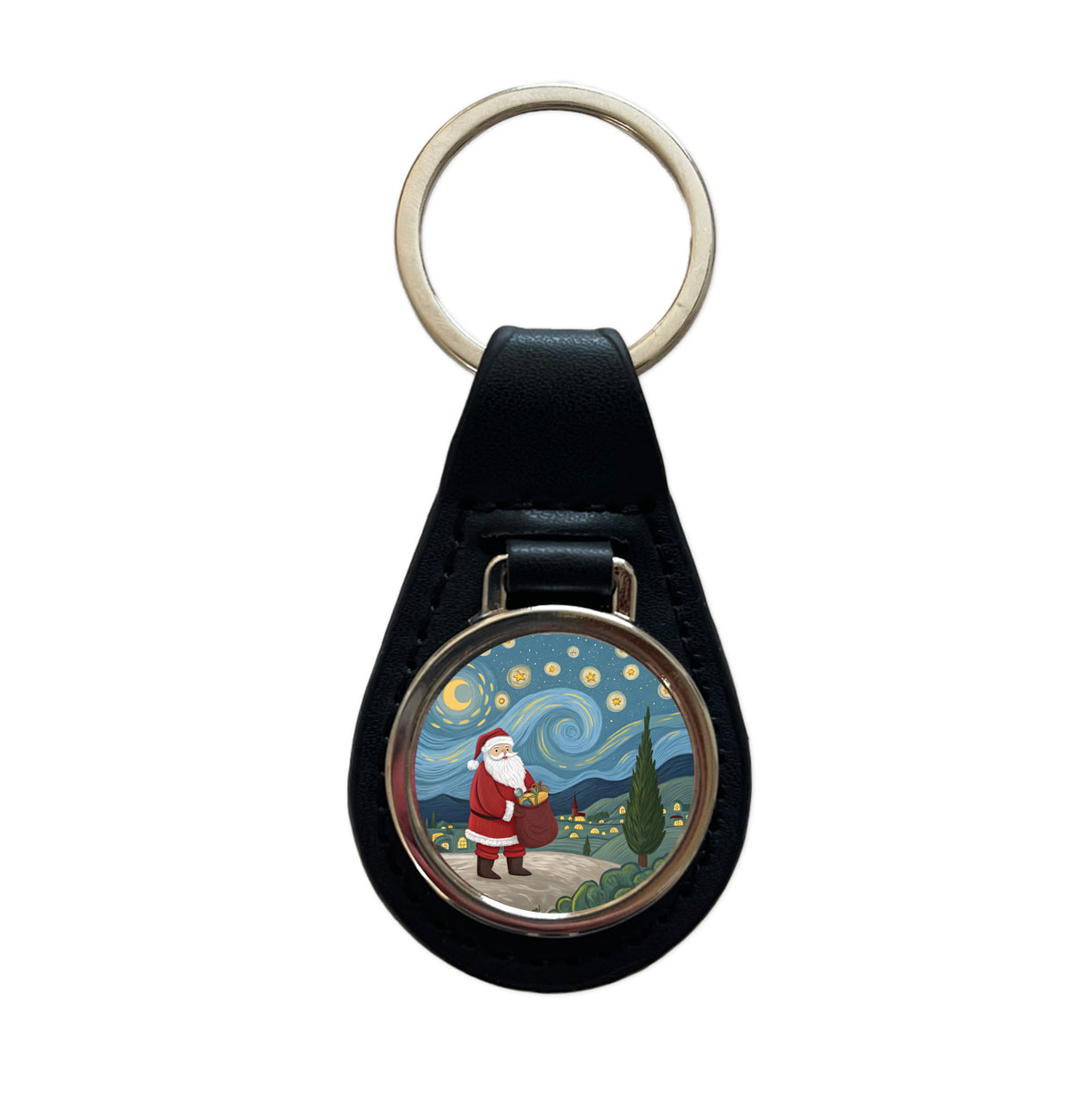Santa Van Gogh Starry Night Christmas Funny Black Leather Metal Keychain