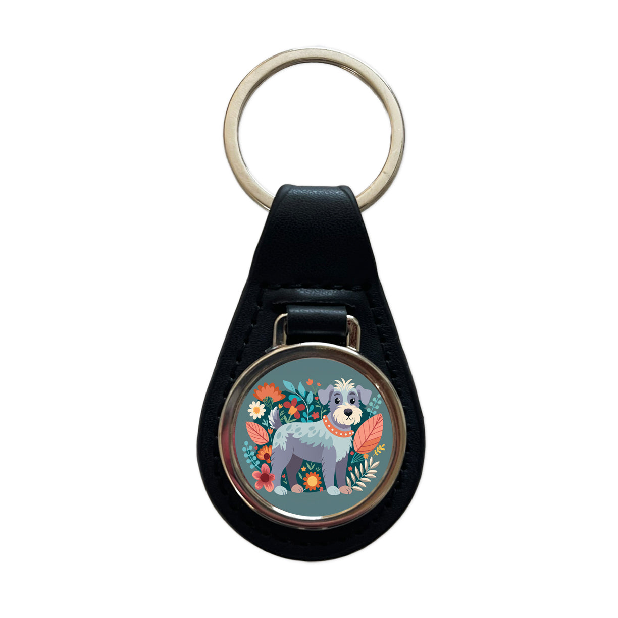 Schnoodle Floral Motif Dog Gray Black Leather Metal Keychain