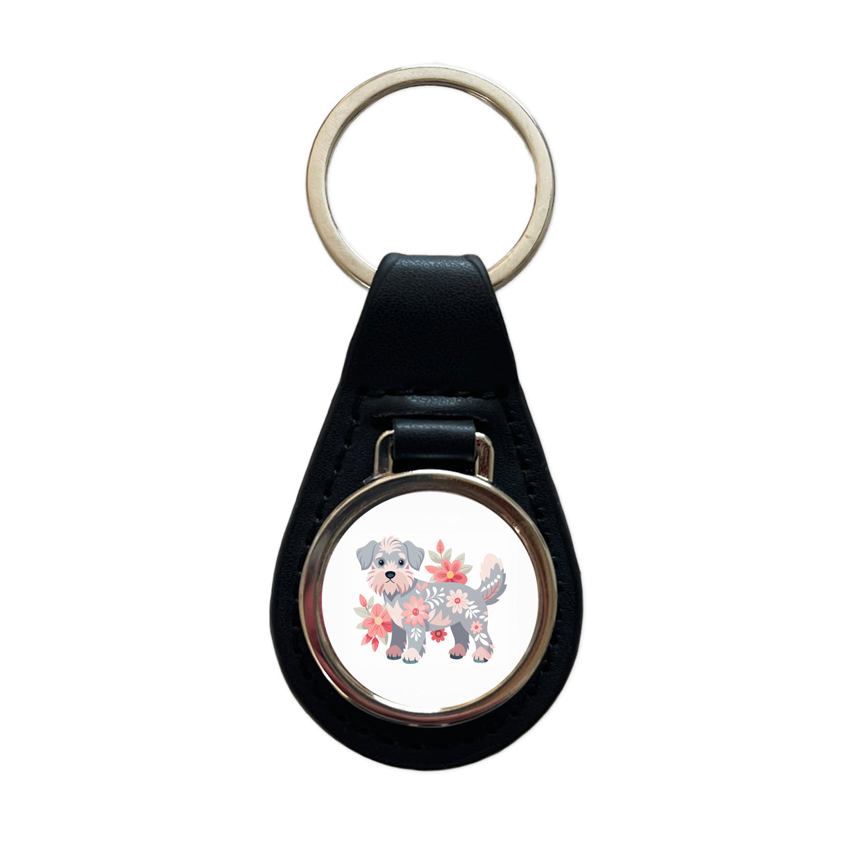 Schnoodle Floral Motif Dog Black Leather Metal Keychain