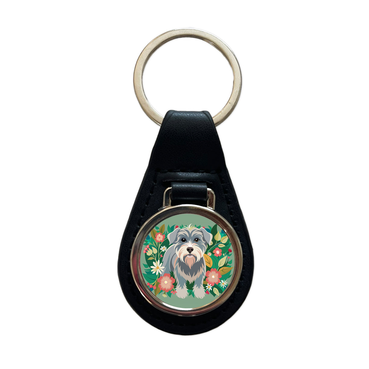 Schnoodle Floral Motif Green Dog Black Leather Metal Keychain