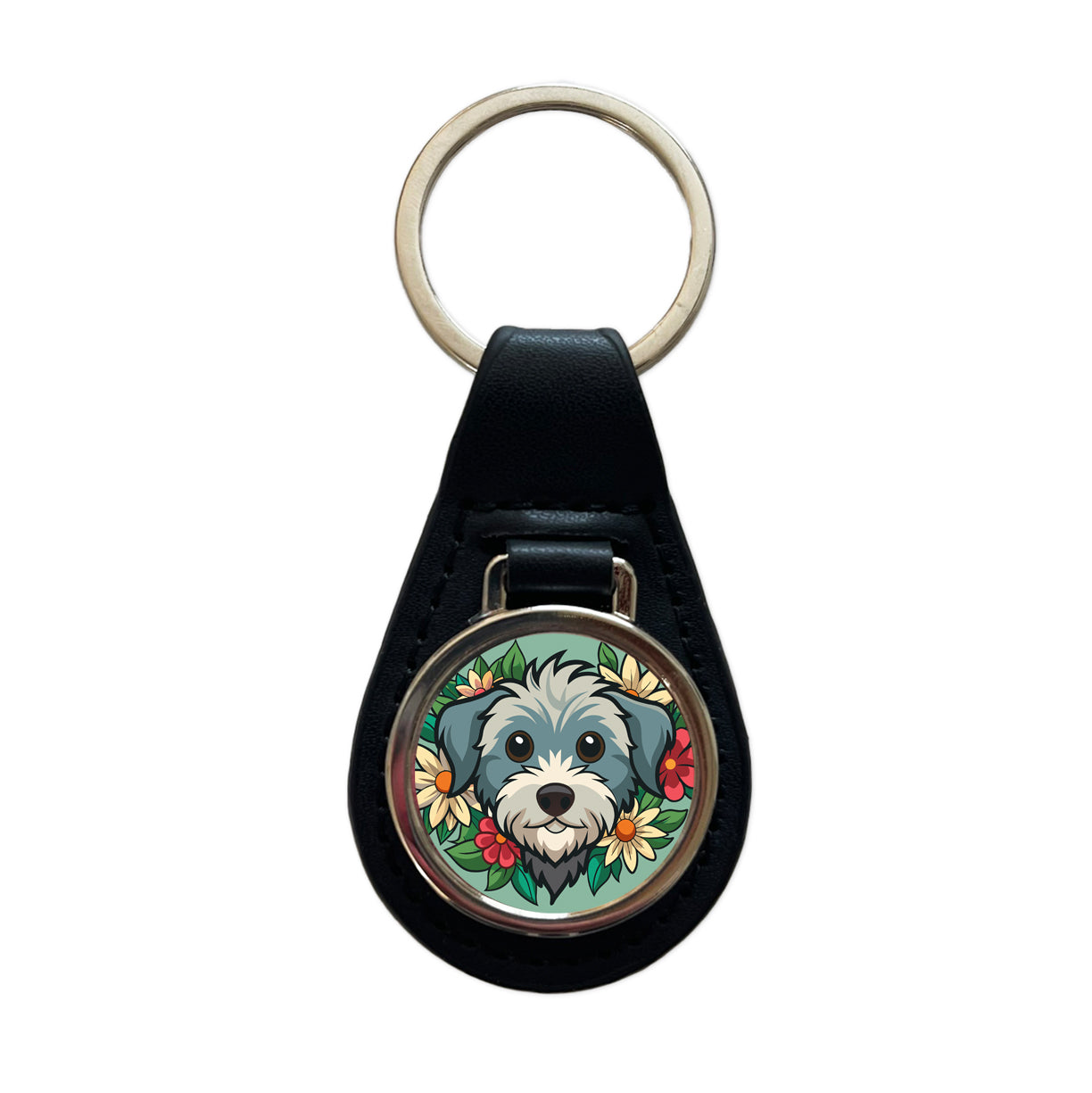 Schnoodle Head Floral Motif Green Dog Black Leather Metal Keychain