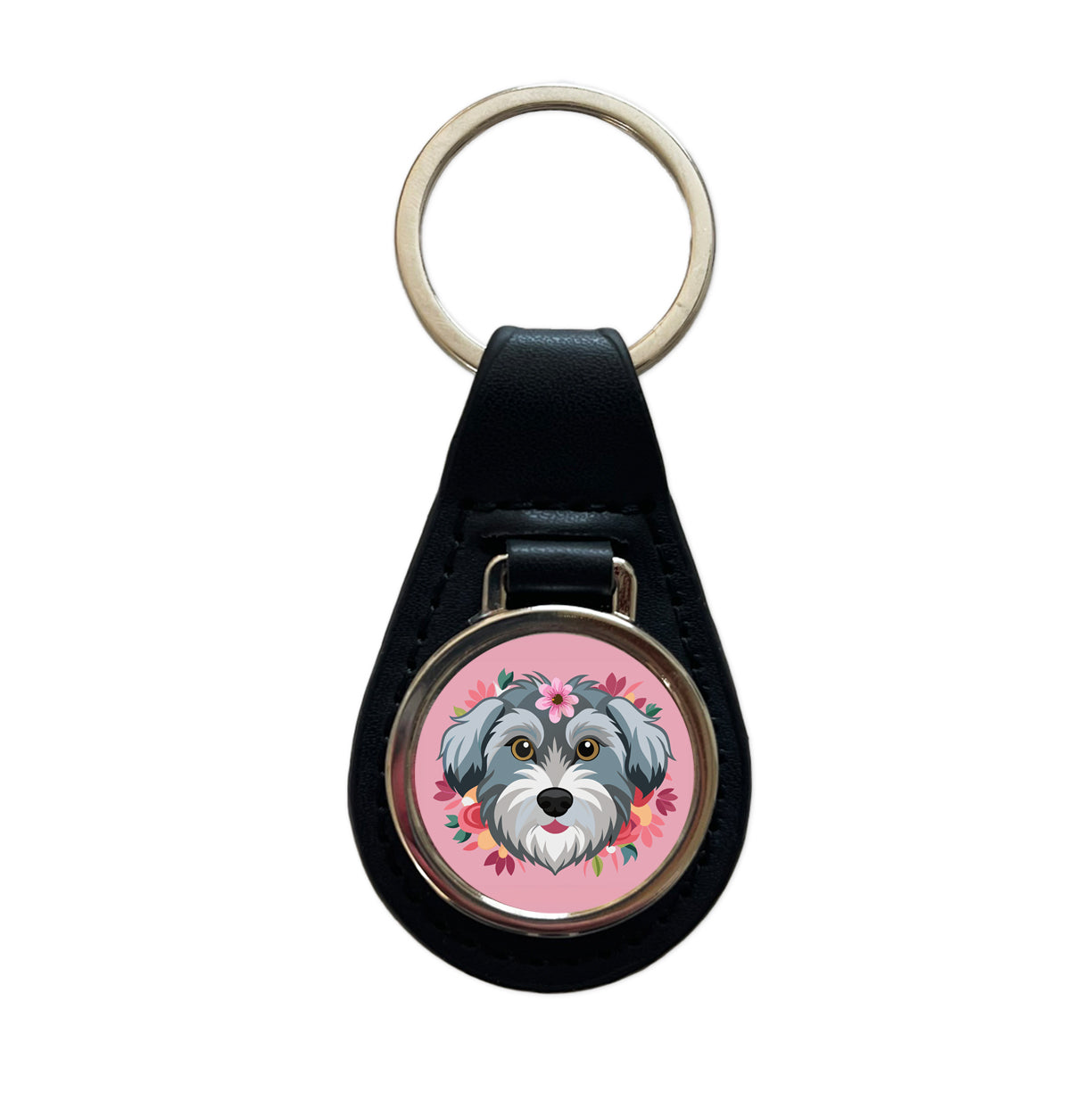 Schnoodle Head Floral Motif Pink Dog Black Leather Metal Keychain