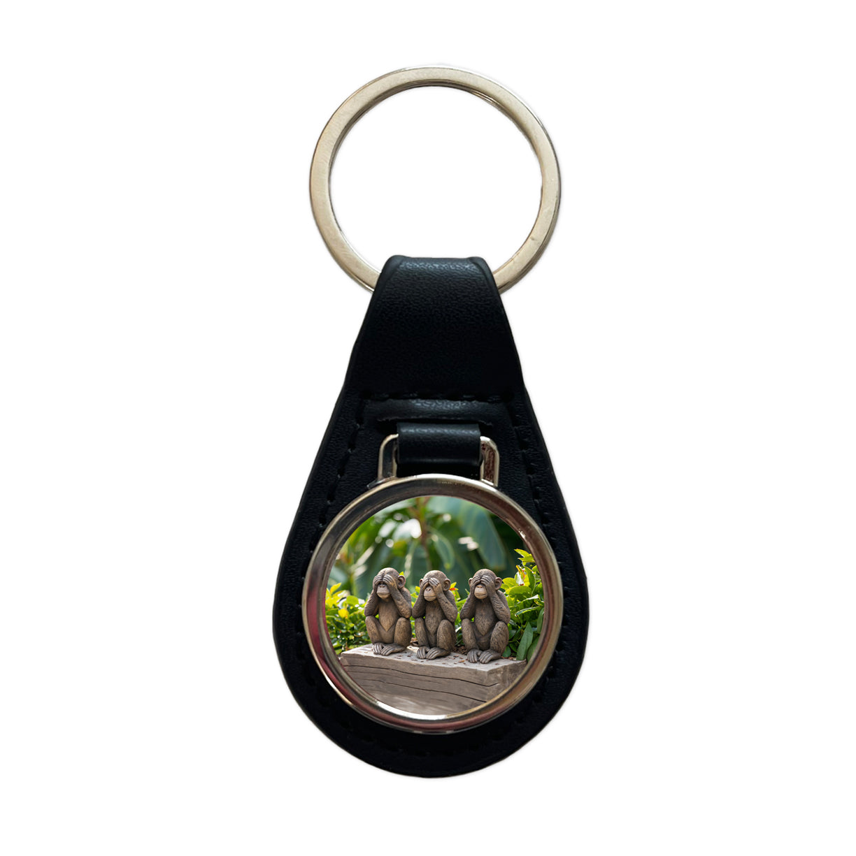 See No Evil Monkeys Funny Black Leather Metal Keychain