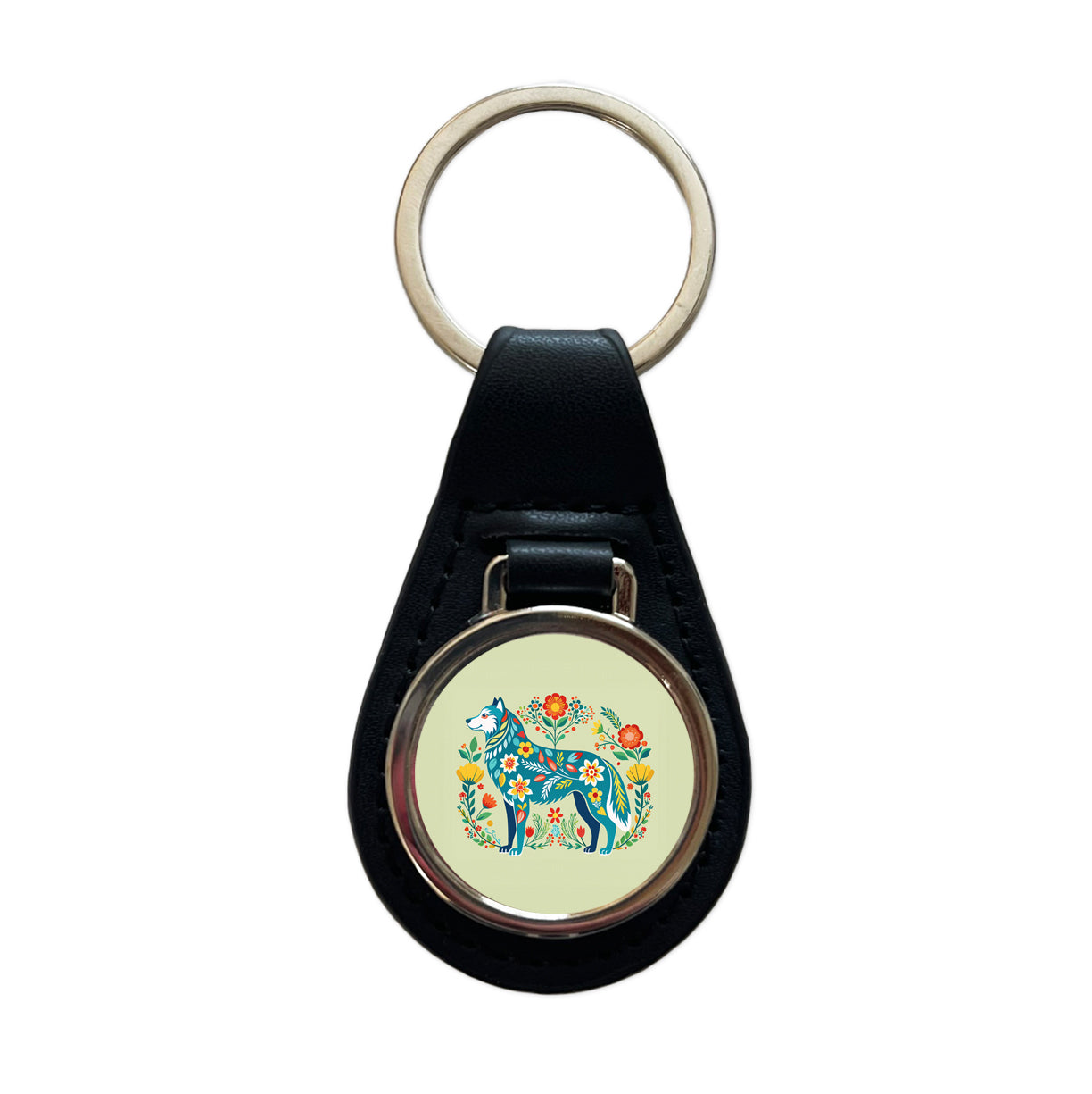 Siberian Retriever Floral Motif Beautiful Dog Black Leather Metal Keychain