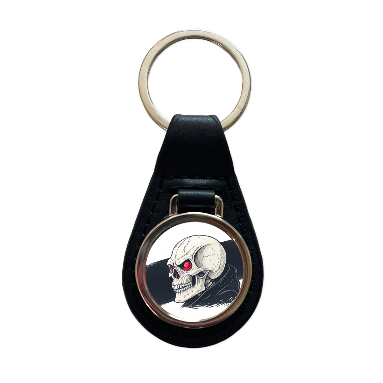 Skull With Red Eyes Menacing Black Leather Metal Keychain