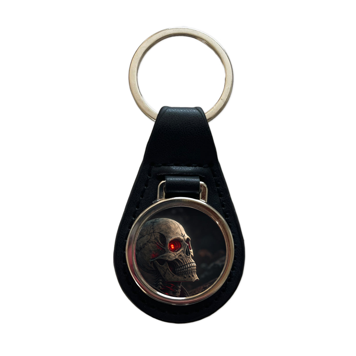Skull With Red Eyes Black Leather Metal Keychain
