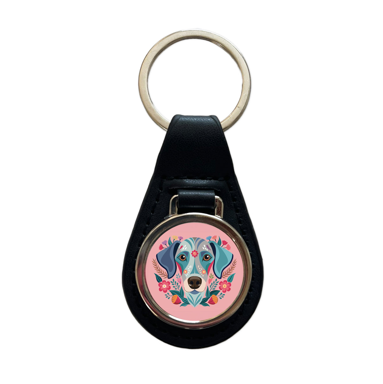 Weimador Head Floral Motif Light Pink Dog Black Leather Metal Keychain