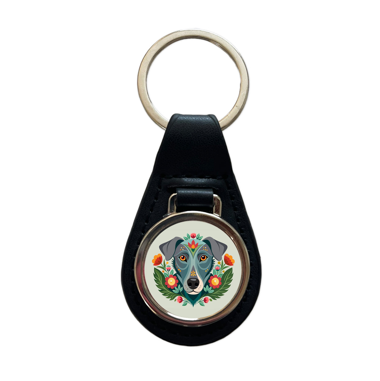 Weimador Head Floral Motif Black Leather Metal Keychain