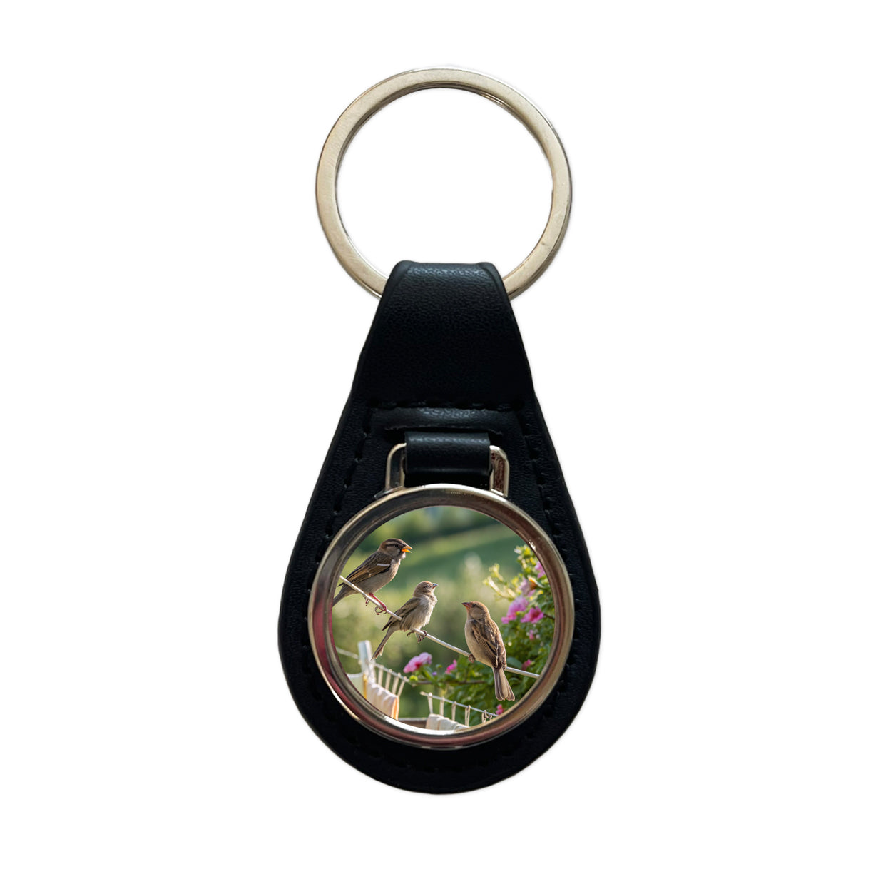 Birds On A Clothesline Black Leather Metal Keychain
