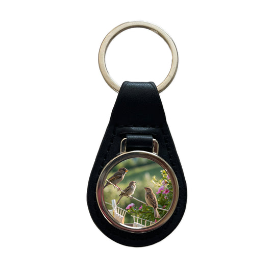 Birds On A Clothesline Black Leather Metal Keychain