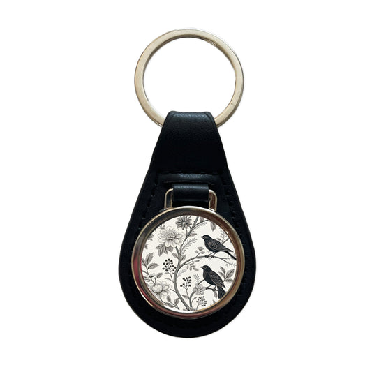 Black On White Toile With Birds Black Leather Metal Keychain