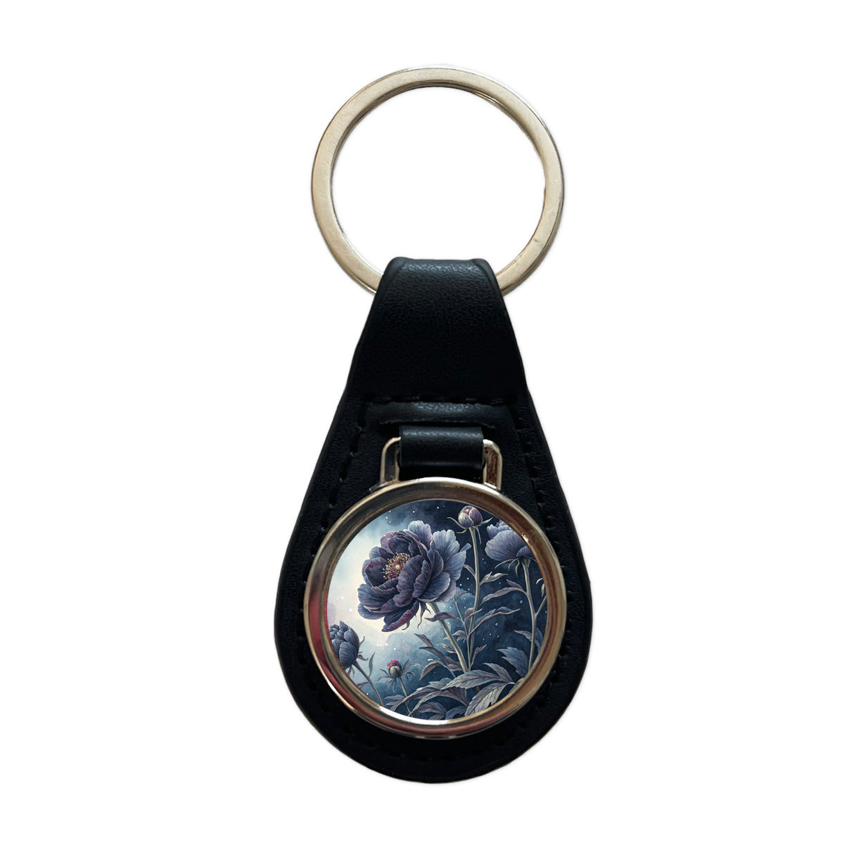 Black Peony Flowers Black Leather Metal Keychain