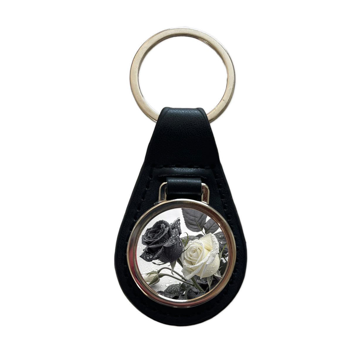 Black White Roses Dewy Black Leather Metal Keychain