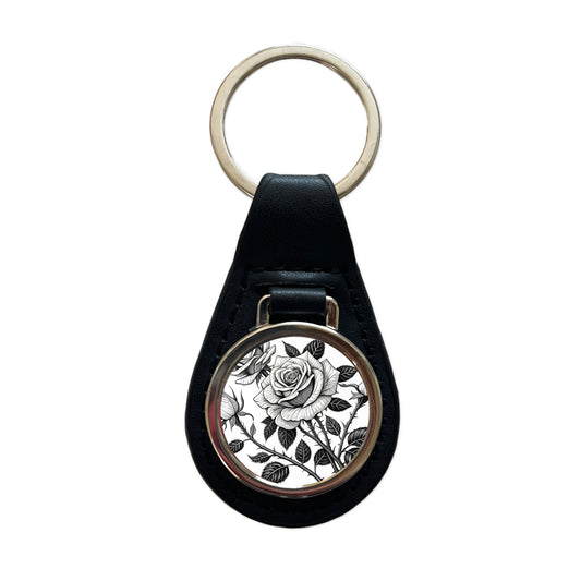 Black White Roses Black Leather Metal Keychain