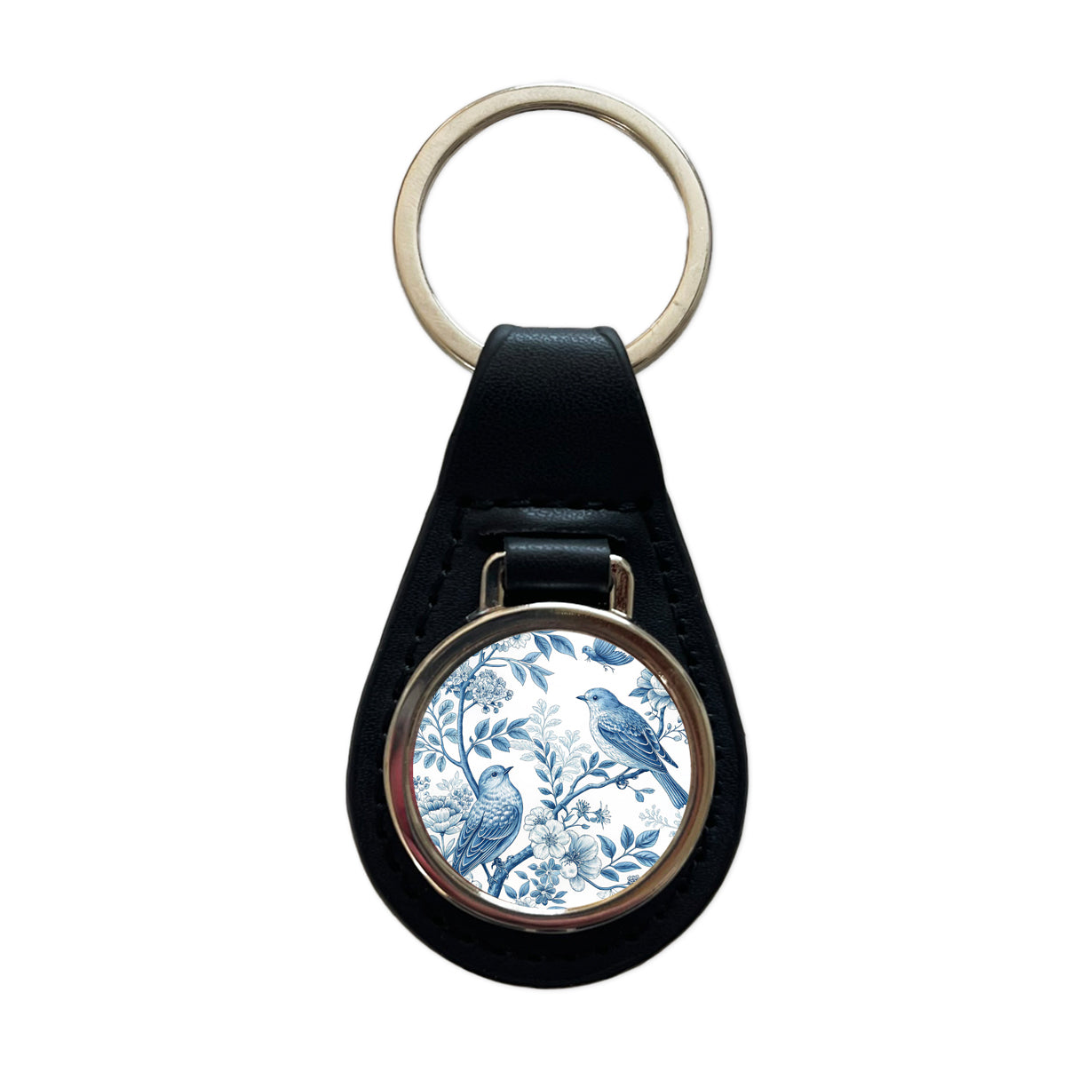Blue On White Toile With Birds Black Leather Metal Keychain
