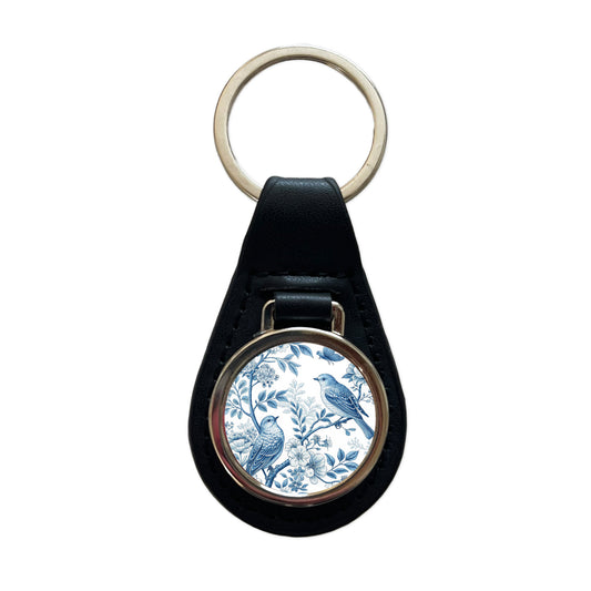 Blue On White Toile With Birds Black Leather Metal Keychain