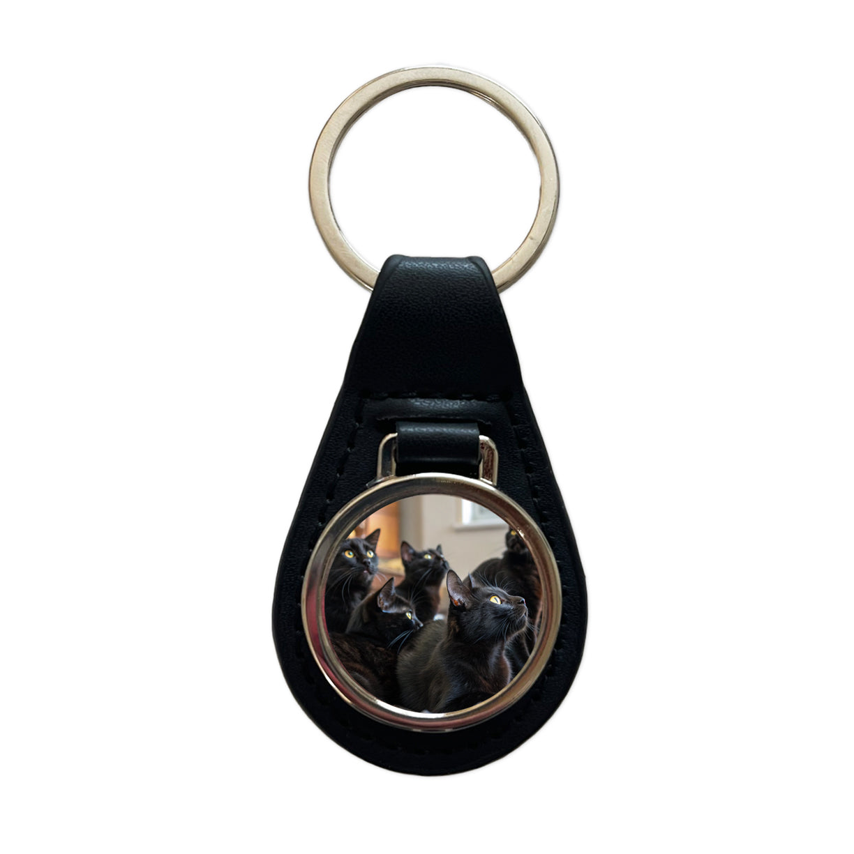 Bunch Of Black Cats Black Leather Metal Keychain