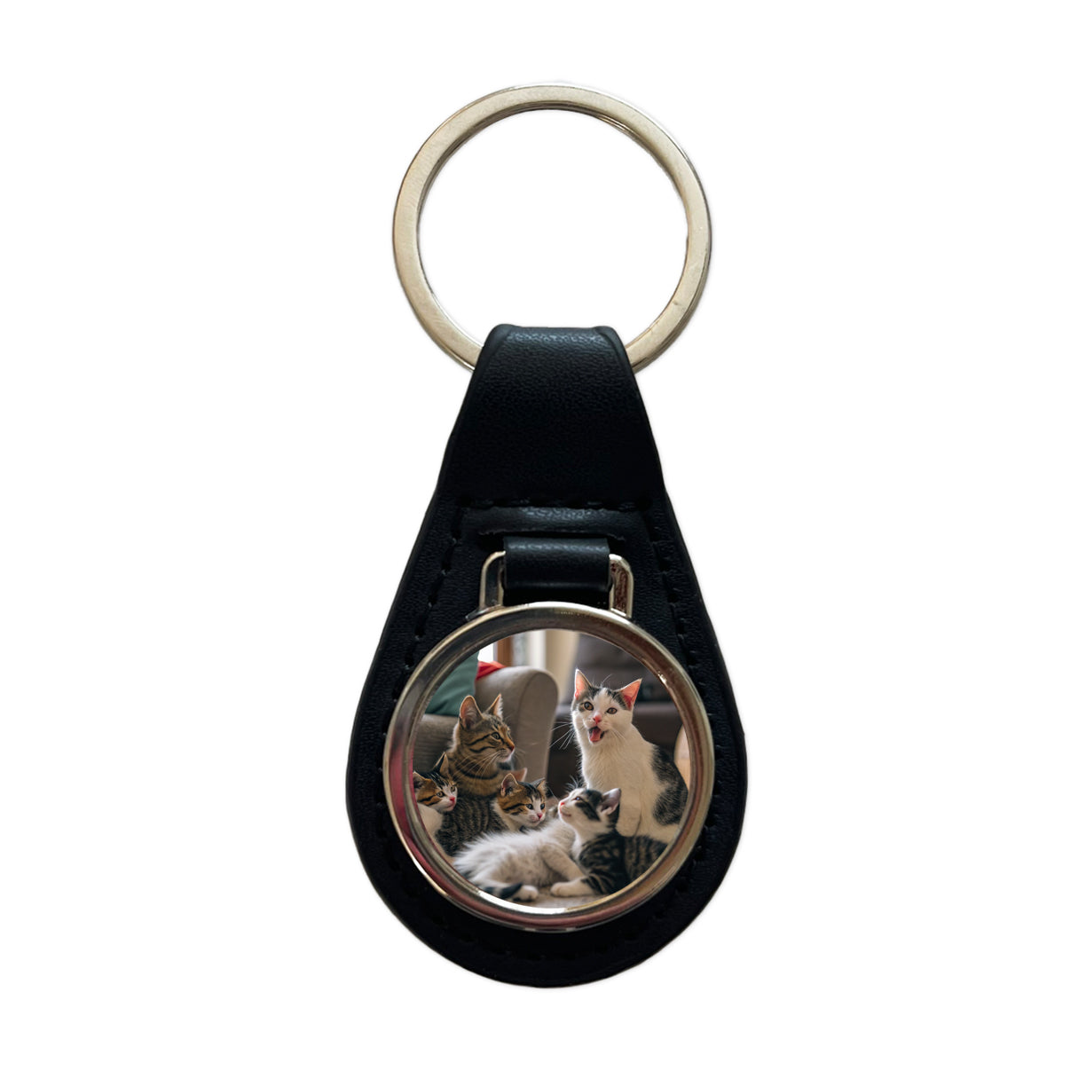 Bunch Of Cats Black Leather Metal Keychain
