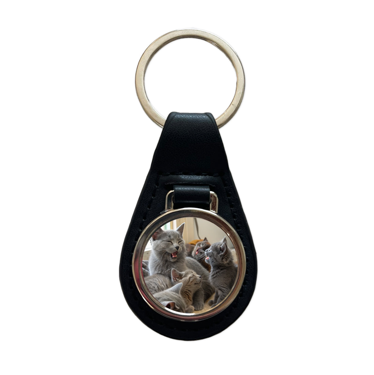 Bunch Of Gray Cats Black Leather Metal Keychain