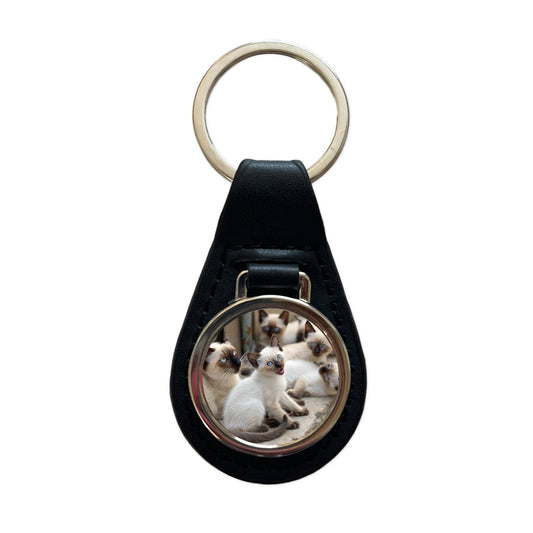 Bunch Of Siamese Cats Black Leather Metal Keychain