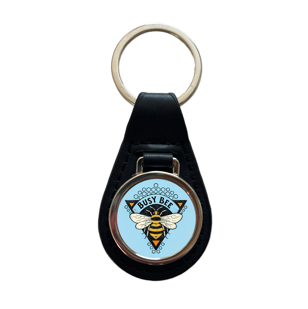 Busy Bee Blue Black Leather Metal Keychain