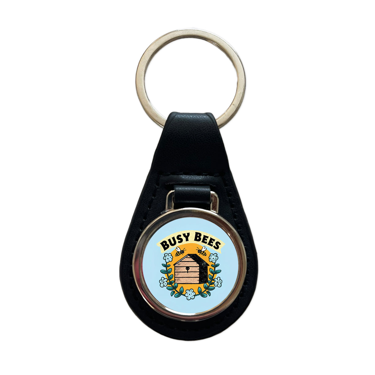 Busy Bees Black Leather Metal Keychain