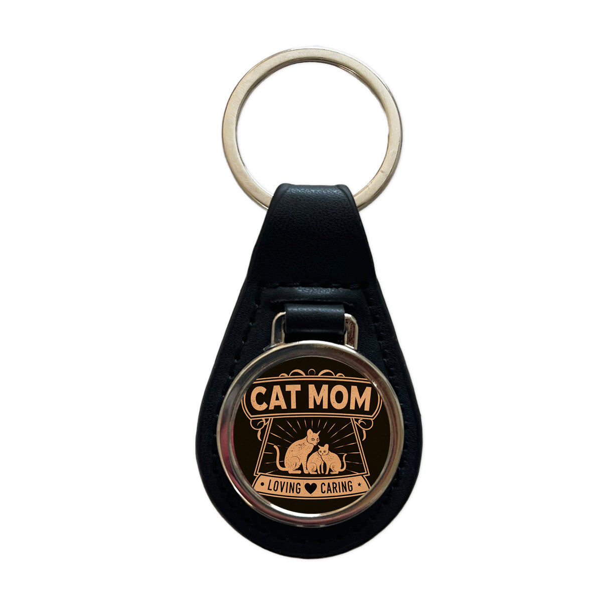 Cat Mom Black Leather Metal Keychain