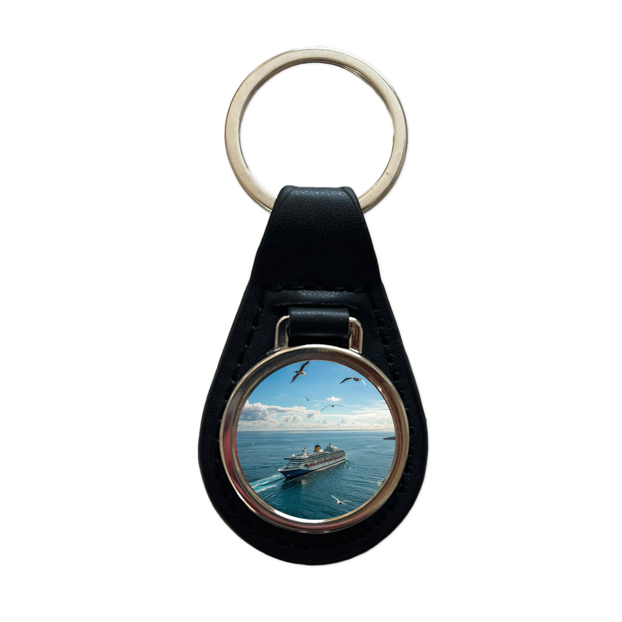 Cruise Ship Ocean Traveling Black Leather Metal Keychain