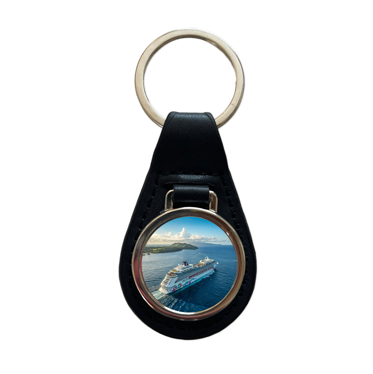 Cruise Ship Sailing Ocean Travel Black Leather Metal Keychain