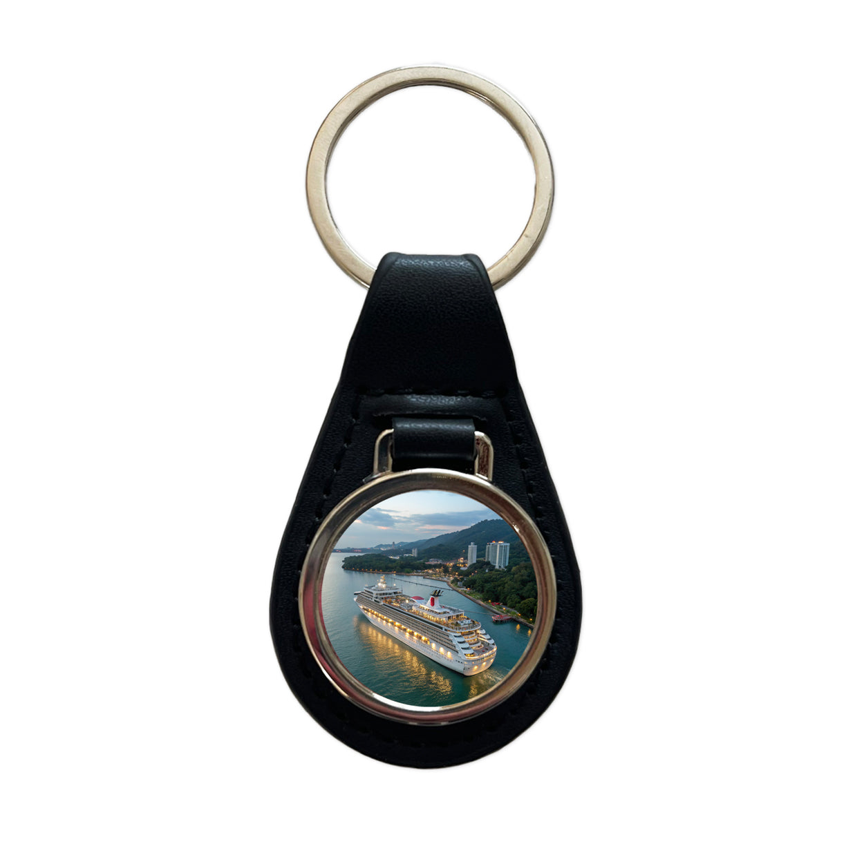 Cruise Ship Travel Vacation Black Leather Metal Keychain