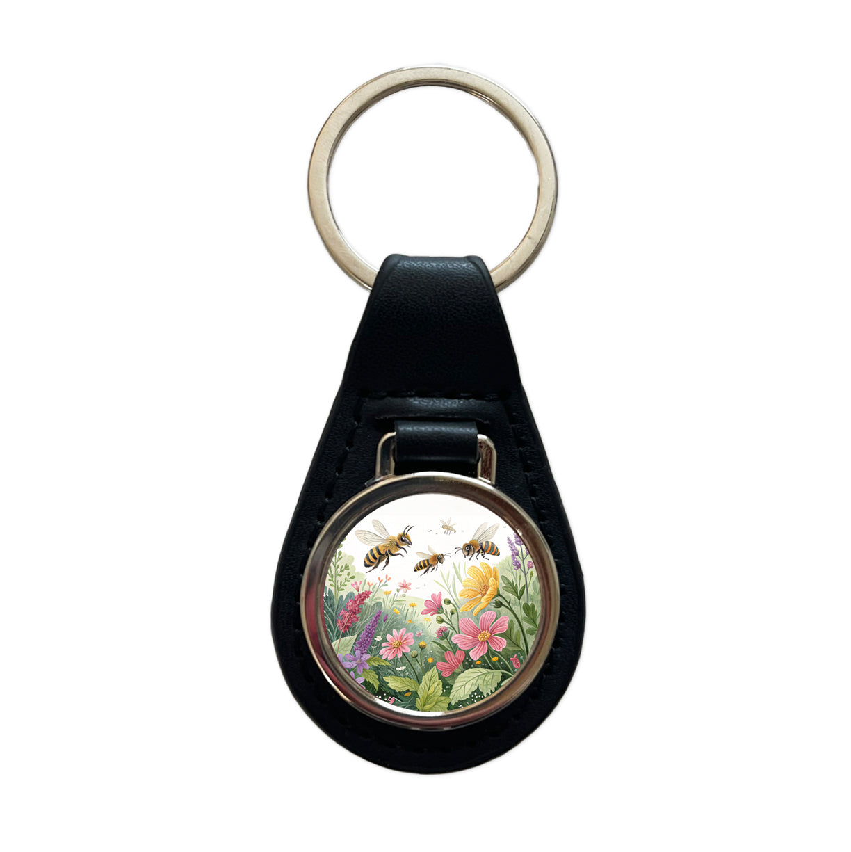 Flying Bees Flowers Black Leather Metal Keychain