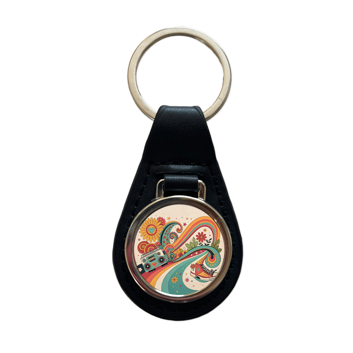 Groovy Design 70's Black Leather Metal Keychain