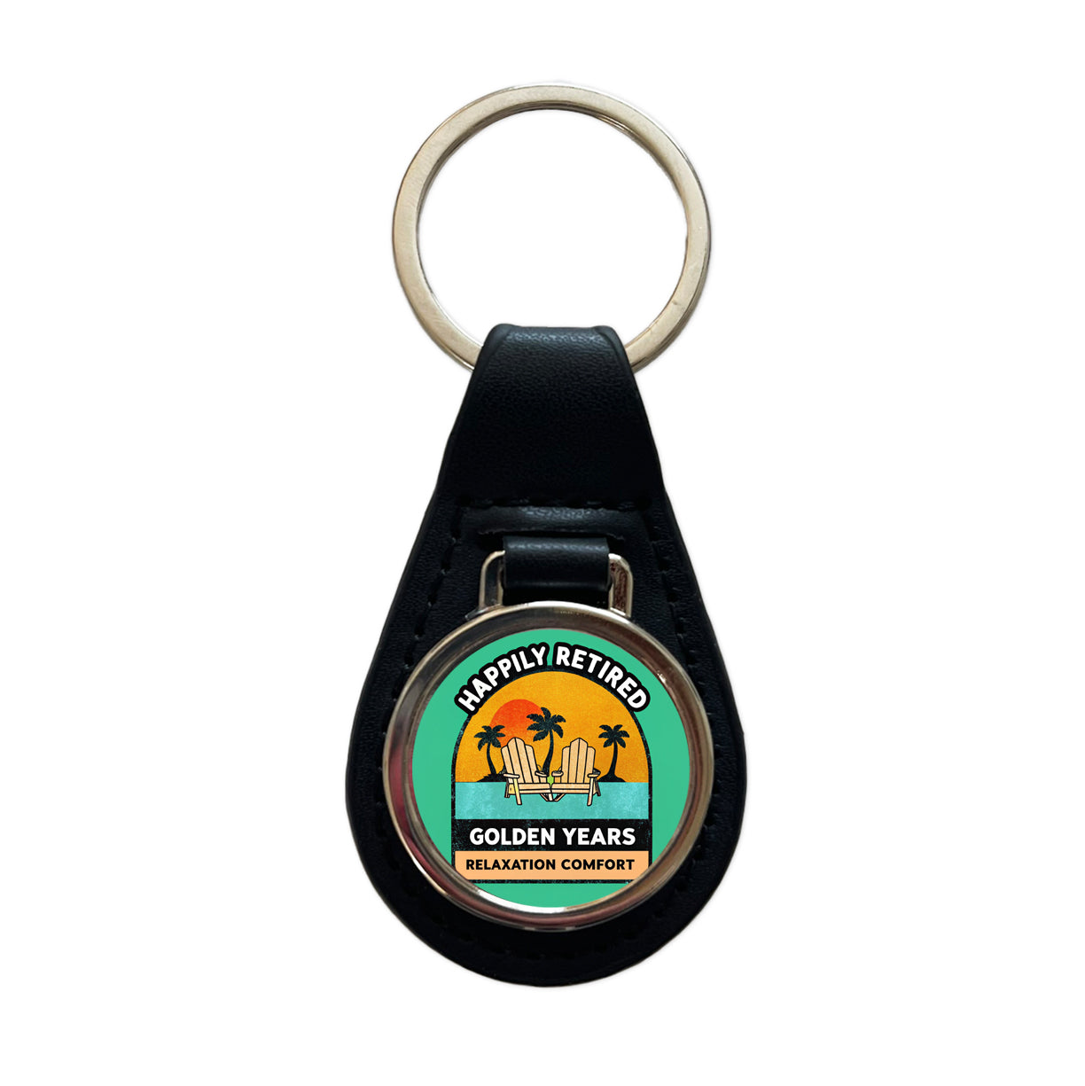 Happily Retired Retirement Black Leather Metal Keychain