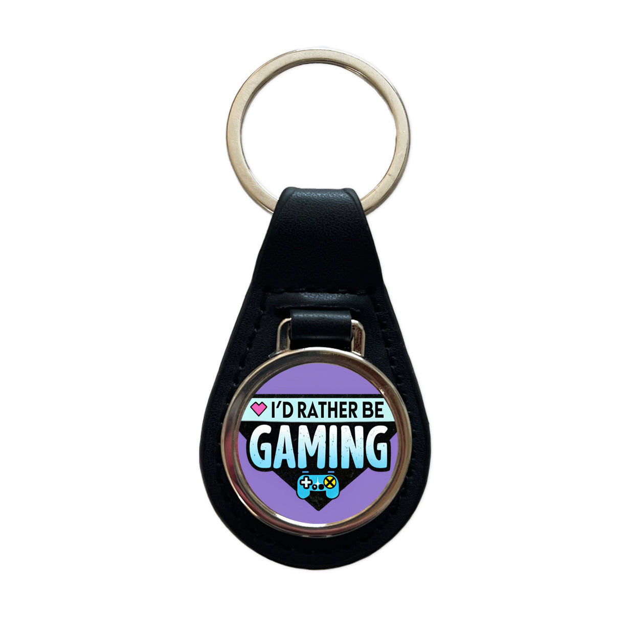 I'd Rather Be Gaming Gamer Black Leather Metal Keychain
