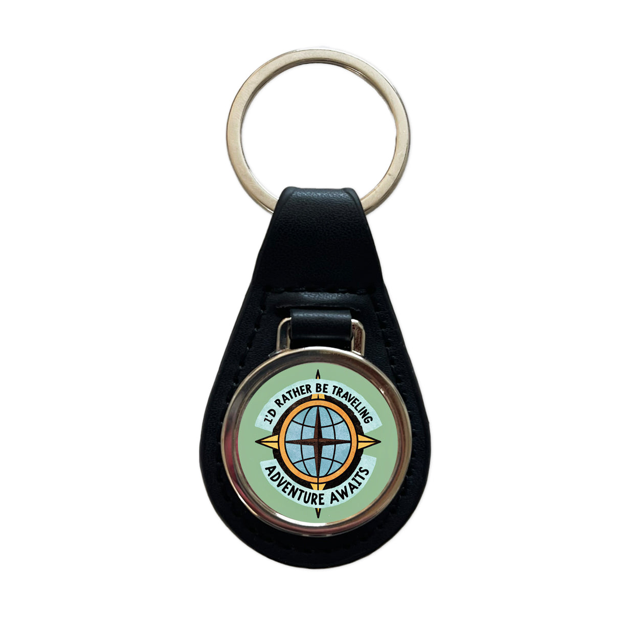 I'd Rather Be Traveling Adventure Black Leather Metal Keychain