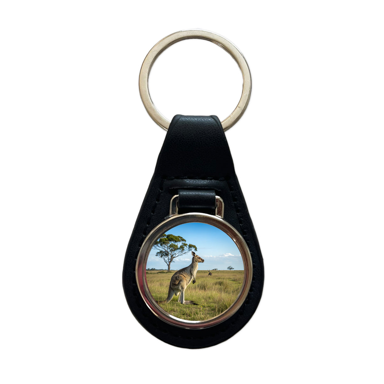 Kangaroo Australia Plain Black Leather Metal Keychain