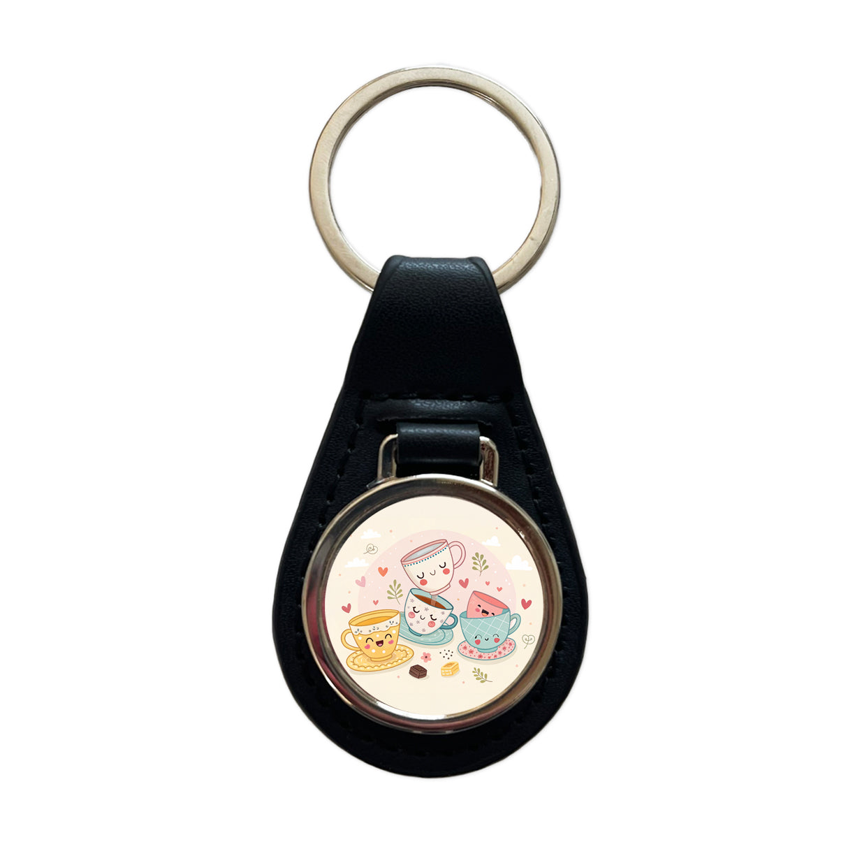 Kawaii Happy Tea Cups Black Leather Metal Keychain