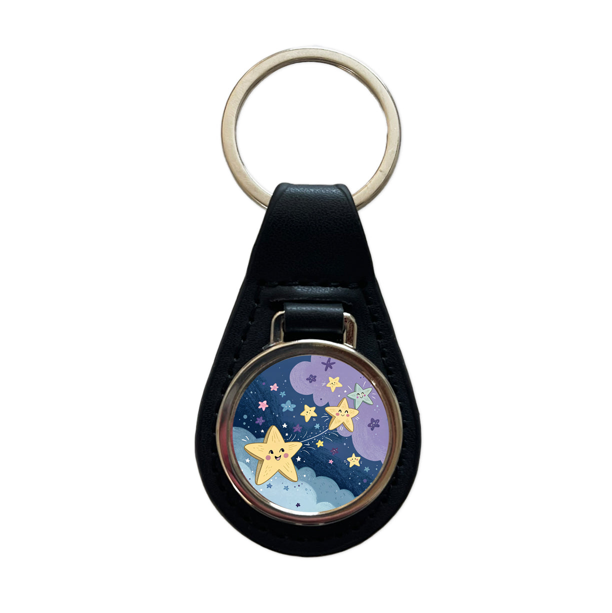Kawaii Stars In Space Black Leather Metal Keychain