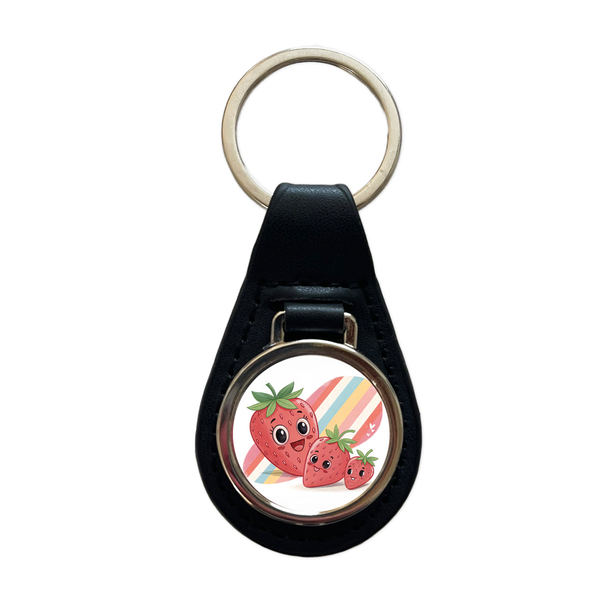 Kawaii Strawberries Diagonal Stripes Black Leather Metal Keychain