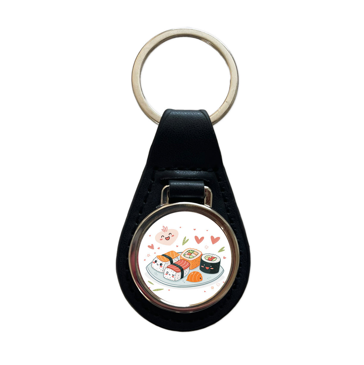 Kawaii Sushi Black Leather Metal Keychain