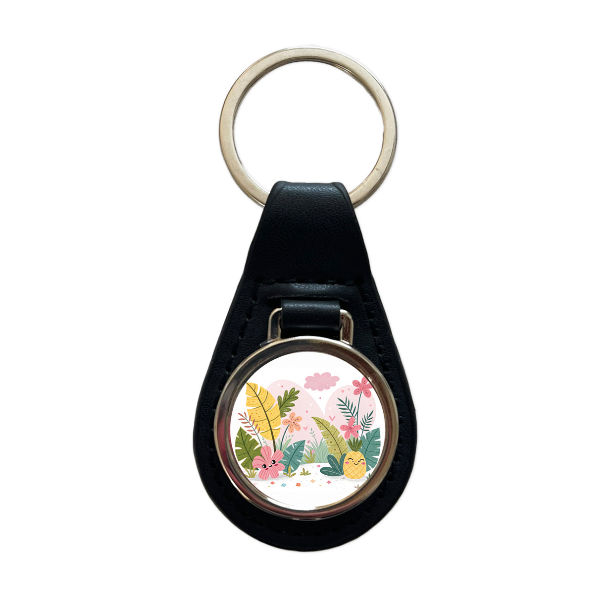 Kawaii Tropical Plants Black Leather Metal Keychain