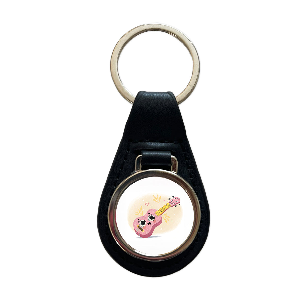 Kawaii Ukulele Pink Music Black Leather Metal Keychain