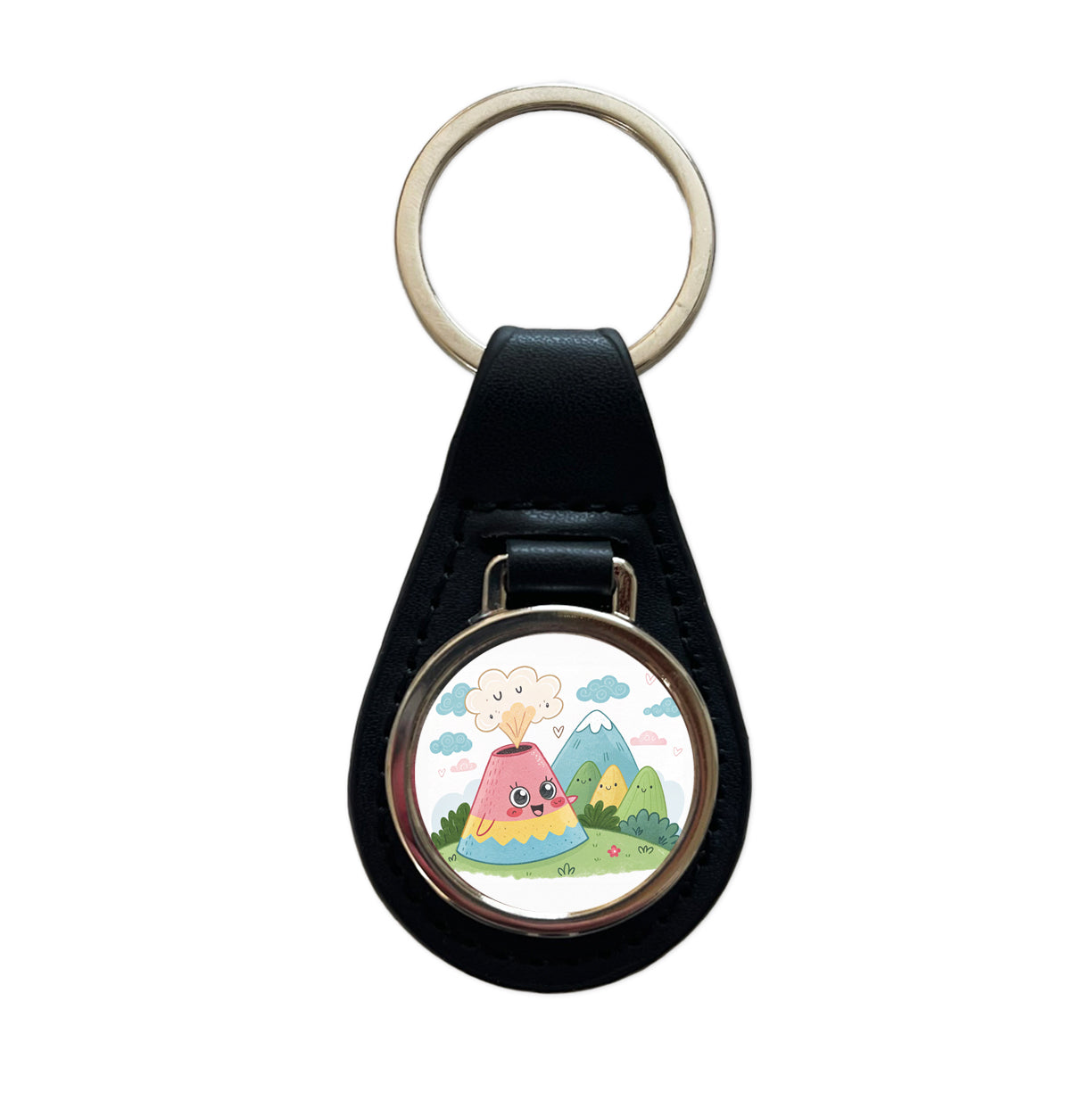 Kawaii Volcano Black Leather Metal Keychain