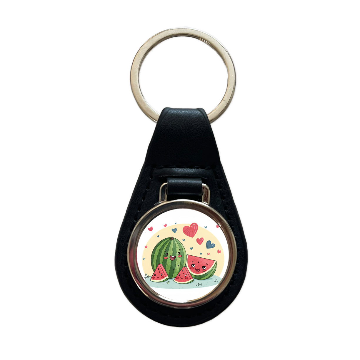 Kawaii Watermelon Hearts Black Leather Metal Keychain