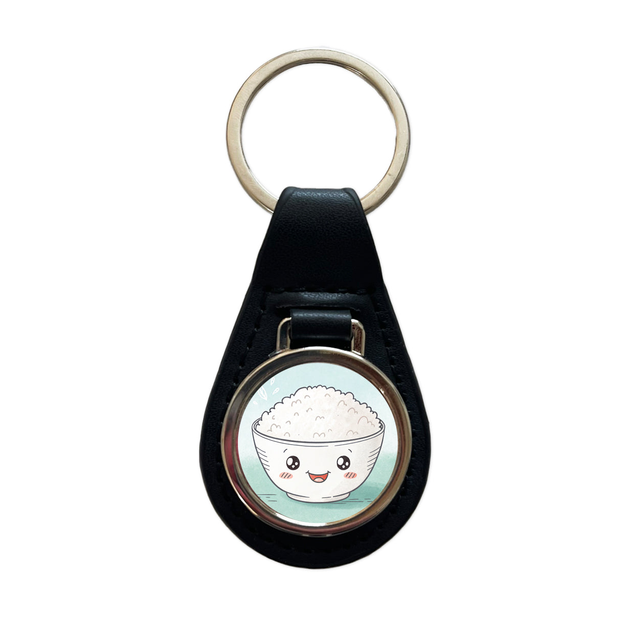 Kawaii White Rice Bowl Black Leather Metal Keychain