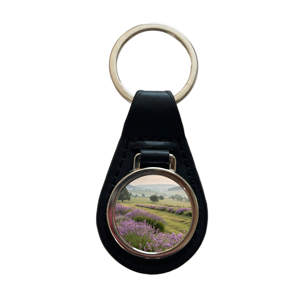 Lavender Flowers Field Black Leather Metal Keychain