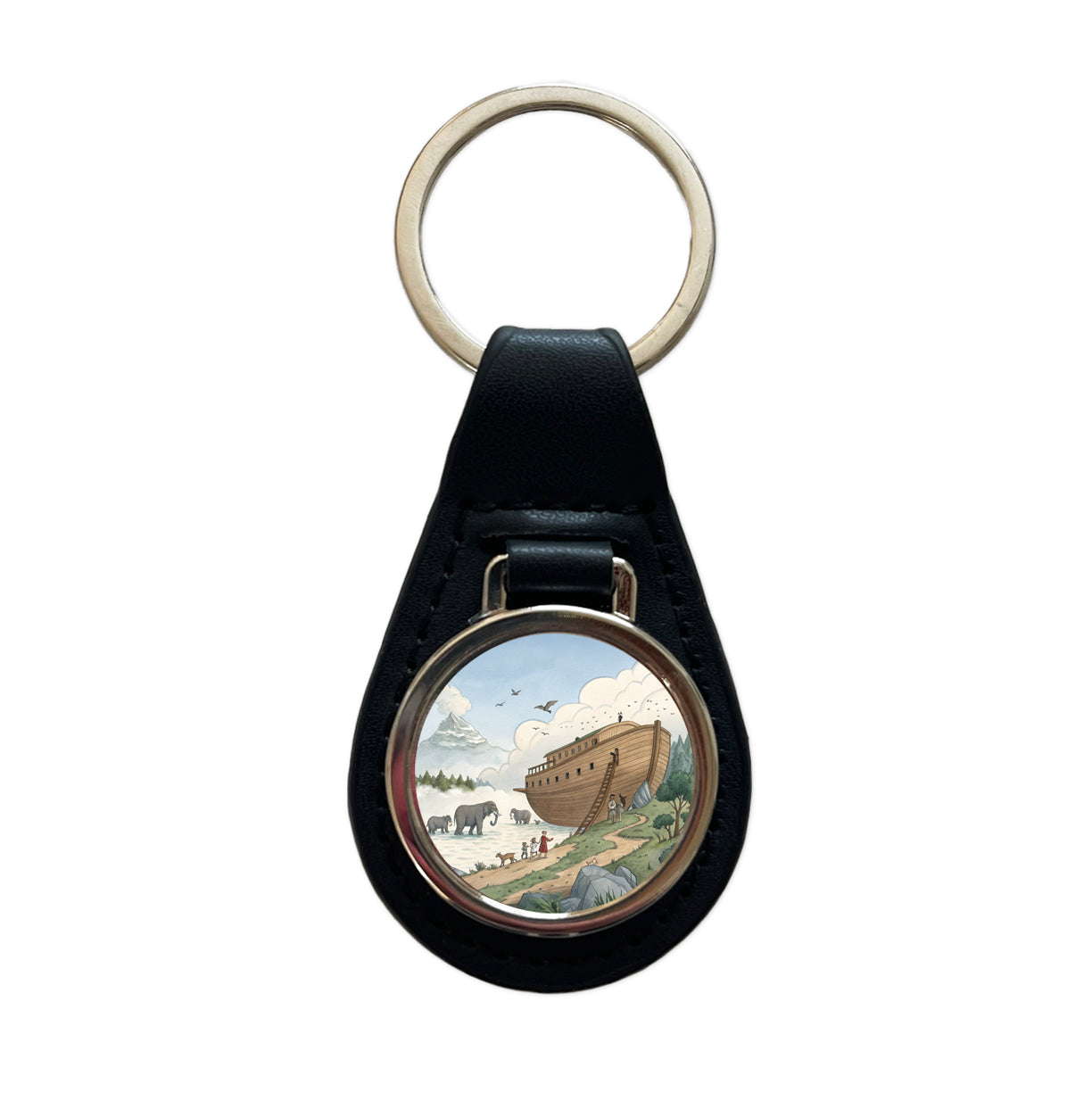 Noah's Ark Animals Black Leather Metal Keychain