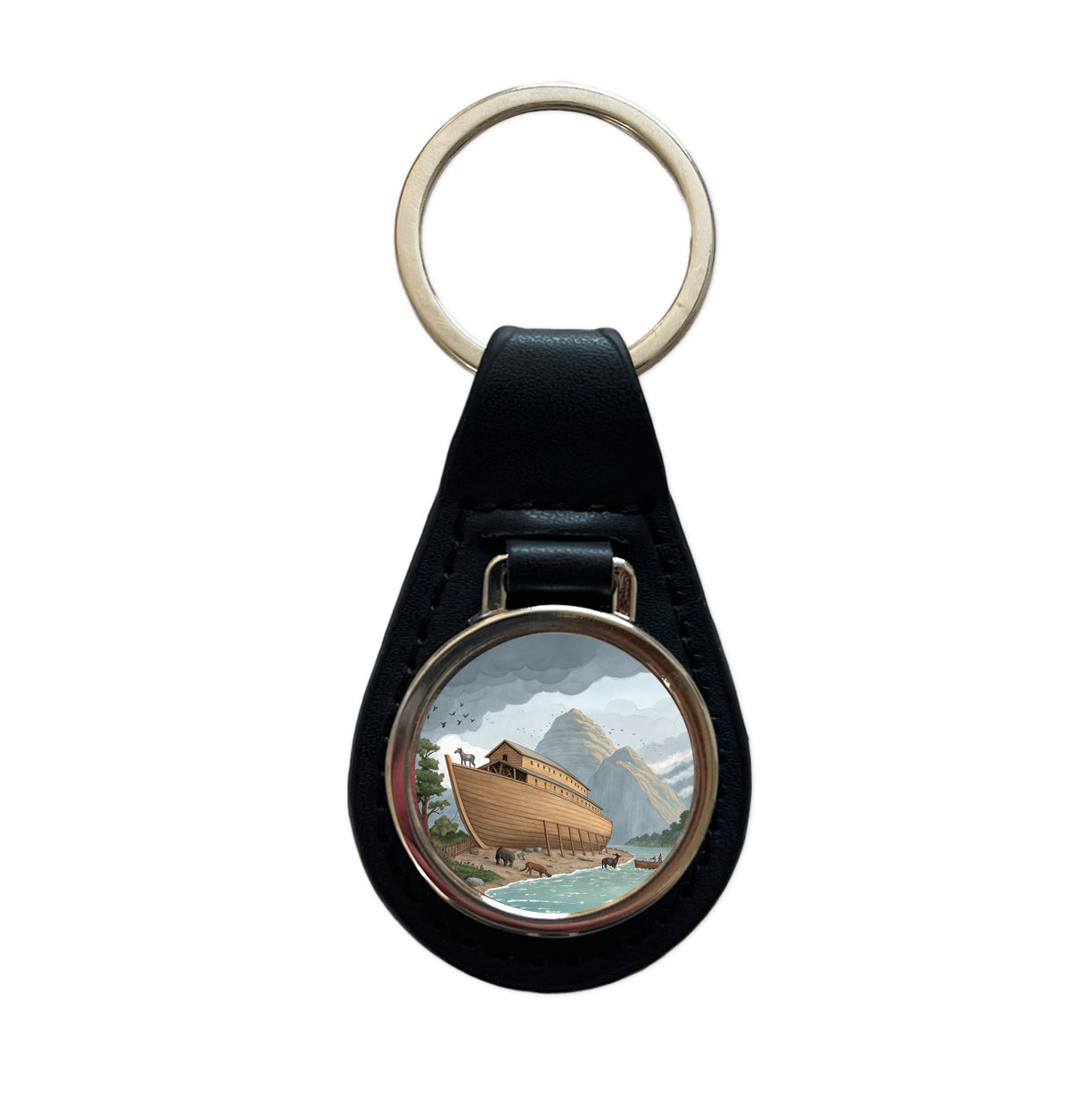 Noah's Ark Drawing Black Leather Metal Keychain